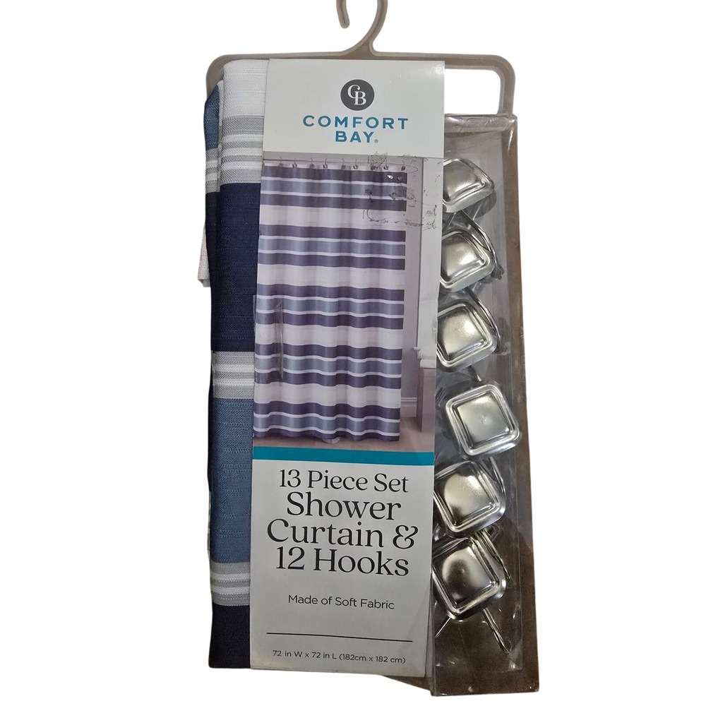 Comfort Bay Blue White Striped Fabric Shower Curtain Set with 12 Square Hooks